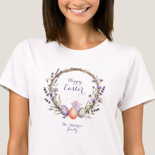 ウォーターカラー イースター ラベンダー リース エッグ かわいいウサギ Tシャツ