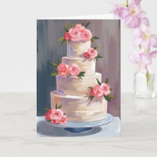 ウォーターカラー ウェディング ピンクのバラの結婚式のケーキ カード (蘭)