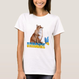 ウォーターカラー ウクライナの狐と蝶の美しいデザイン Tシャツ