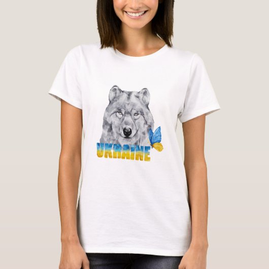 ウォーターカラー ウクライナ オオカミとチョウチョウ Tシャツ (正面)