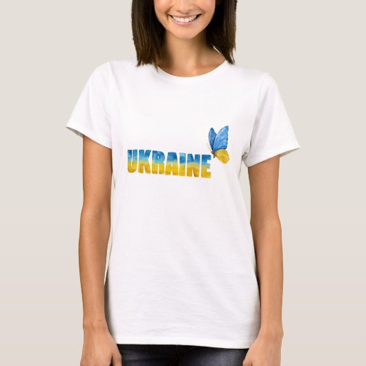 ウォーターカラー ウクライナ 蝶 ワードアート Tシャツ (正面)