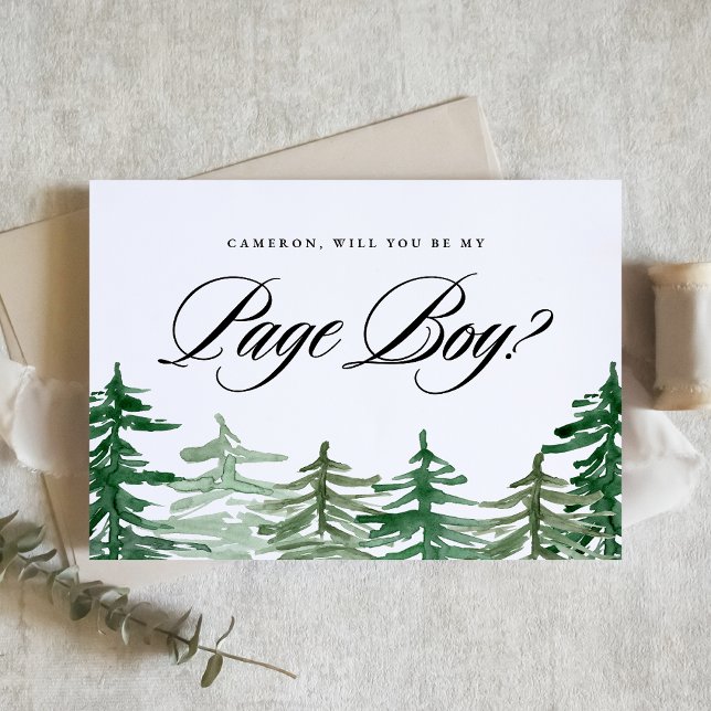 ウォーターカラー・ウッドランド・ページボーイお願い ( Customizable Woodland "Will You Be My Page Boy?" Card featuring enchanting watercolor forest.)