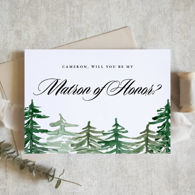 ウォーターカラー・ウッドランド・メイド・オブ・オナー ( Customizable Woodland "Will You Be My Matron of Honor?" Card featuring watercolor forest.)