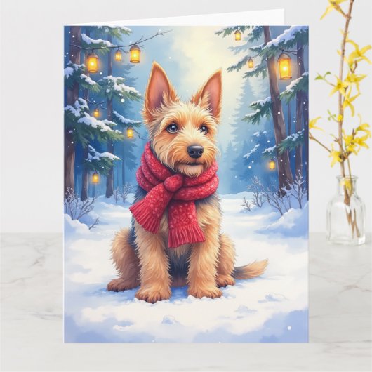 ウォーターカラー エアデールテリア 雪のクリスマス カード (黄色い花)