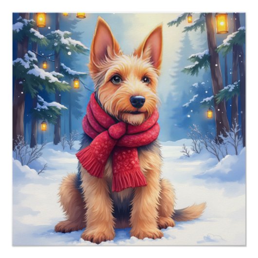 ウォーターカラー エアデールテリア 雪のクリスマス ポスター (正面)