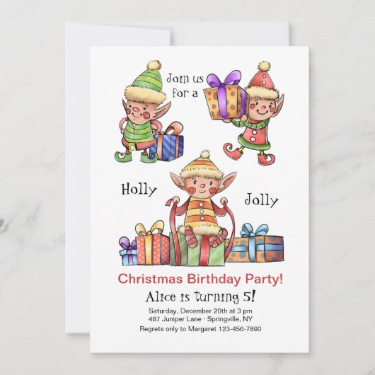ウォーターカラー・エルフのクリスマスお誕生日会招待状 招待状 (正面)