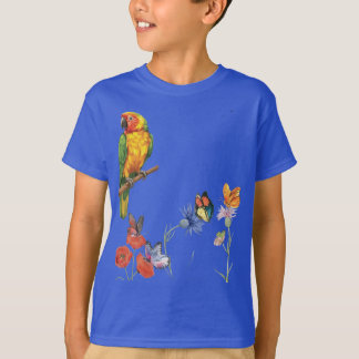 ウォーターカラー・オウムと蝶のデザイン Tシャツ