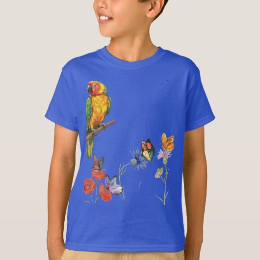 ウォーターカラー・オウムと蝶のデザイン Tシャツ (正面)