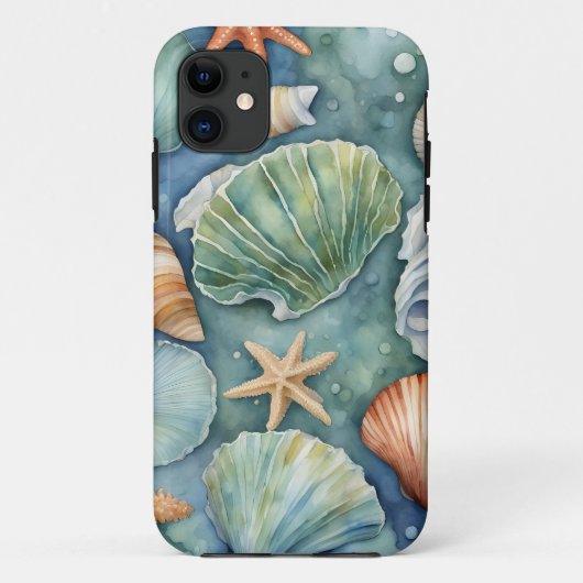 ウォーターカラー オーシャンブリーズ: 貝殻とヒトデ Case-Mate iPhoneケース (裏面)
