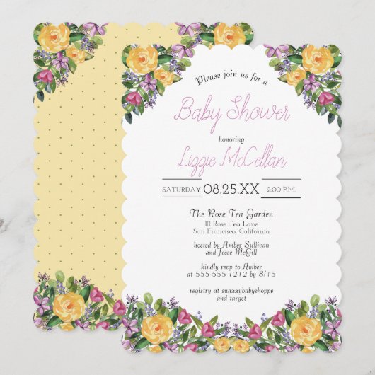 ウォーターカラー・カスケード・フラワーブーケ ベビーシャワー 招待状 (正面/裏面)