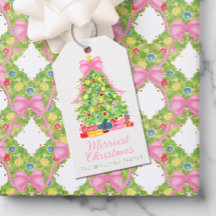 ウォーターカラー カラフル ピンク リボン クリスマスツリー