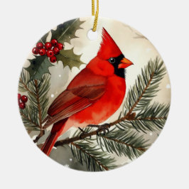 ウォーターカラー カーディナル オン パイン ブランチ クリスマス ラウンド セラミックオーナメント