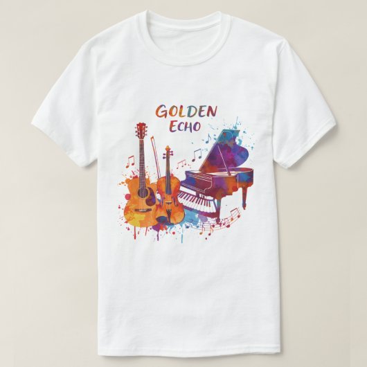 ウォーターカラー・ギターとバイオリンの感動的な音楽の名言 Tシャツ (デザイン正面)