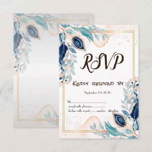 ウォーターカラー クジャクの羽 花柄 RSVP 招待状 (正面/裏面)