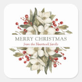 ウォーターカラー クリスマスフラワー マグノリア ベリー スクエアシール (正面)