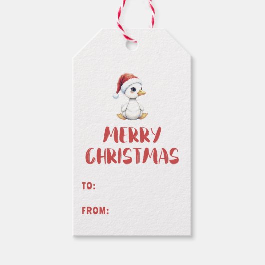 ウォーターカラー クリスマス ガチョウ・サンタ帽 ギフトタグ (正面)