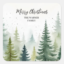 ウォーターカラー クリスマス フォレスト ツリー スノーウィー ウィンター スクエアシール