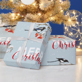 ウォーターカラー クリスマス ホーリー カササギ 鳥 自然 アート ラッピングペーパー