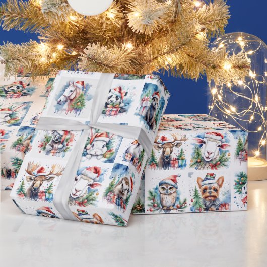 ウォーターカラー クリスマス 動物たち ラッピングペーパー (クリスマス)