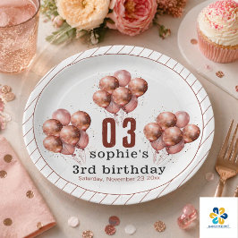 ウォーターカラー グリッター ローズゴールド 風船 3歳の誕生日 ペーパープレート
