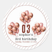 ウォーターカラー グリッター ローズゴールド 風船 3歳の誕生日 ラウンドシール (正面)