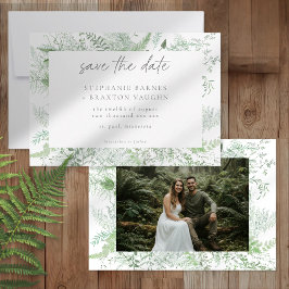 ウォーターカラー グリーナリー シダの風景を使った、田舎風の結婚式の写真 セーブザデート