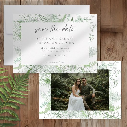 ウォーターカラー グリーナリー シダの風景を使った、田舎風の結婚式の写真 セーブザデート