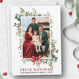 ウォーターカラー グリーン Feliz Navidad 赤いリボン シーズンカード