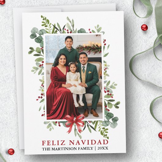 ウォーターカラー グリーン Feliz Navidad 赤いリボン シーズンカード