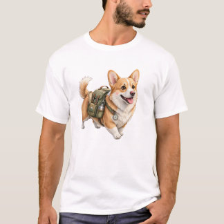 ウォーターカラー コーギーのハイキング アドベンチャー メンズTシャツ Tシャツ