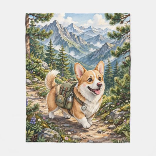 ウォーターカラー コーギーの山登り フリースブランケット (正面)