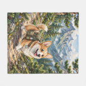 ウォーターカラー コーギーの山登り フリースブランケット (正面(横))