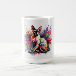 ウォーターカラー コーニッシュレックスの猫のカラフルな肖像画 コーヒーマグカップ