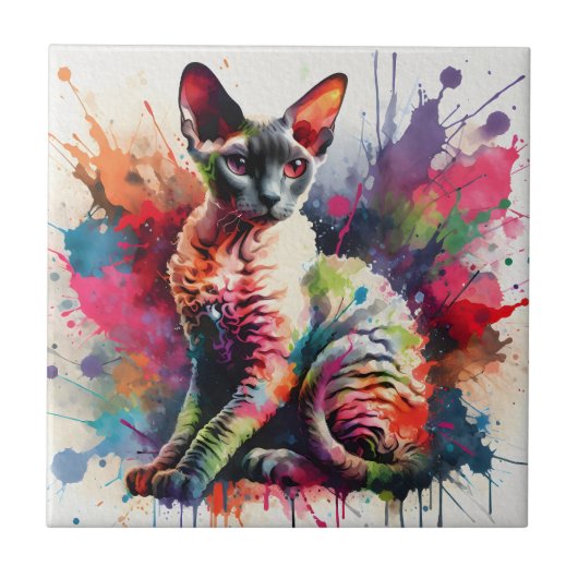 ウォーターカラー コーニッシュレックスの猫 カラフルな肖像画 タイル (正面)