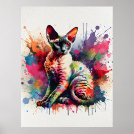 ウォーターカラー コーニッシュレックスの猫 カラフルな肖像画 ポスター