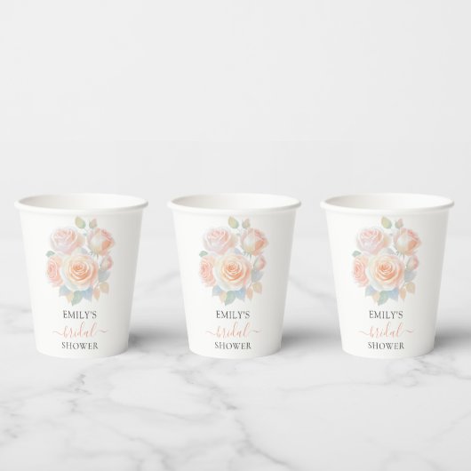 ウォーターカラー コーラルピンクの花の庭 ブライダルシャワー 紙コップ (複数)