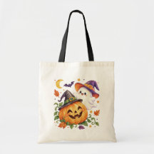 ウォーターカラー・ゴースト&パンプキン・ハロウィントートバッグ