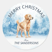 ウォーターカラー ゴールデンレトリバー 冬 クリスマス ラウンドシール (正面)
