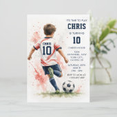 ウォーターカラー サッカー少年 誕生日パーティー招待状 招待状 (スタンド正面)