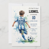 ウォーターカラー サッカー少年 誕生日パーティー招待状 招待状 (正面)