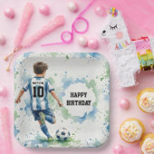 ウォーターカラー サッカー少年 誕生日 青 ペーパープレート (パーティー)