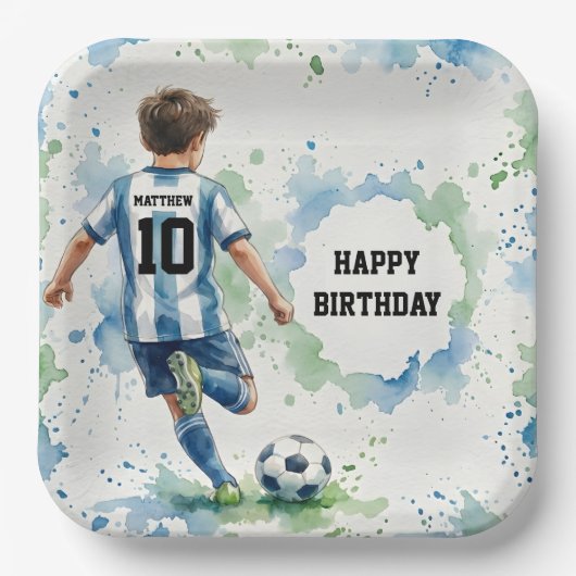 ウォーターカラー サッカー少年 誕生日 青 ペーパープレート (正面)