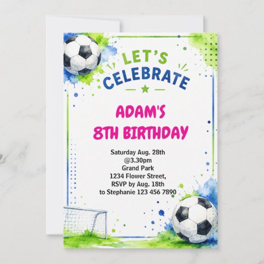 ウォーターカラー サッカー 誕生日招待状デザイン 招待状 (正面)