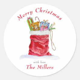 ウォーターカラー サンタのギフトバッグ クリスマス ラウンドシール