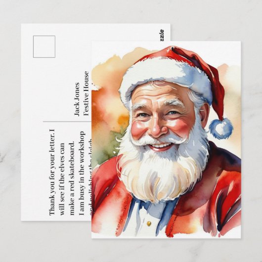 ウォーターカラー サンタ クリスマス 絵 ポストカード (正面/裏面)