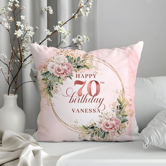 ウォーターカラー・サーモンピンクの花柄枕 70歳の誕生日 クッション