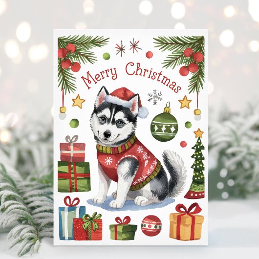 ウォーターカラー・シベリアンハスキークリスマスカード シーズンカード