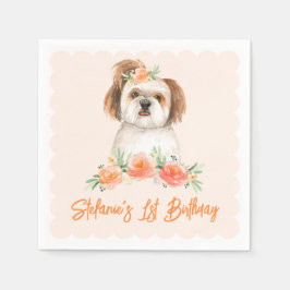 ウォーターカラー・シーズーとピーチフラワーの犬の誕生日 スタンダードカクテルナプキン