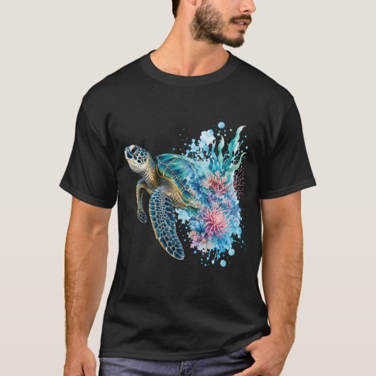ウォーターカラー・シー・タートルPNG 海・海岸デザイン Tシャツ (正面)