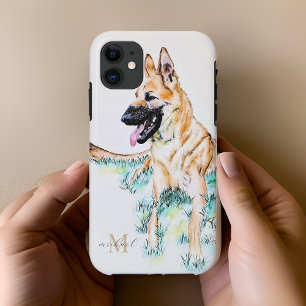 ウォーターカラー ジャーマンシェパード マリノア モノグラム iPhone 11 ケース